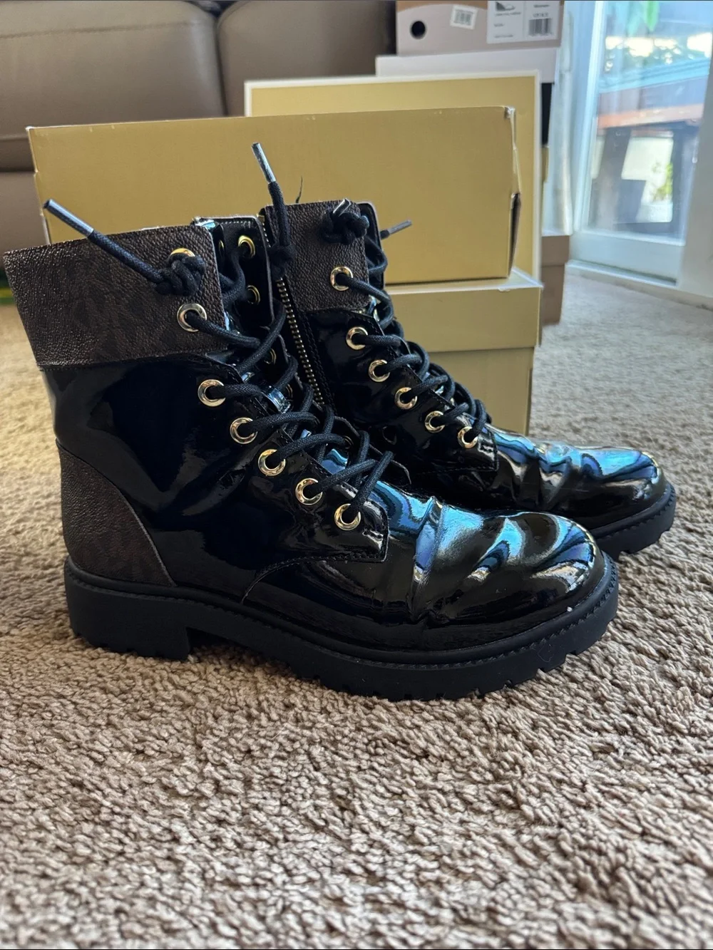 Michael Kors Black Patent Lace-Up Combat Boots with Gold Hardware